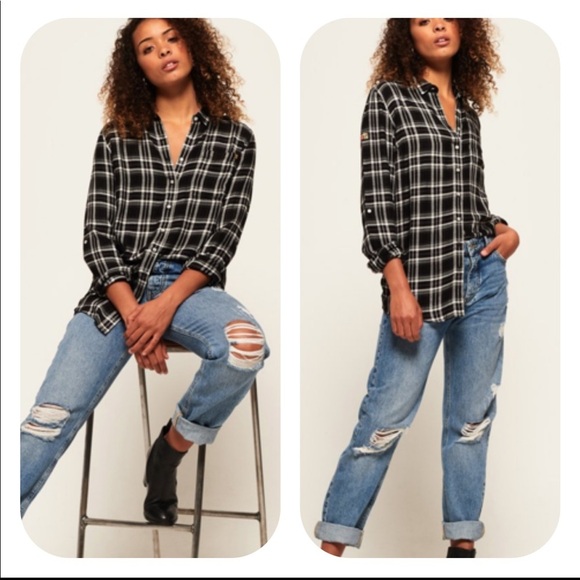SuperDry Maya Supersize Shirt Black White Check - Picture 2 of 10